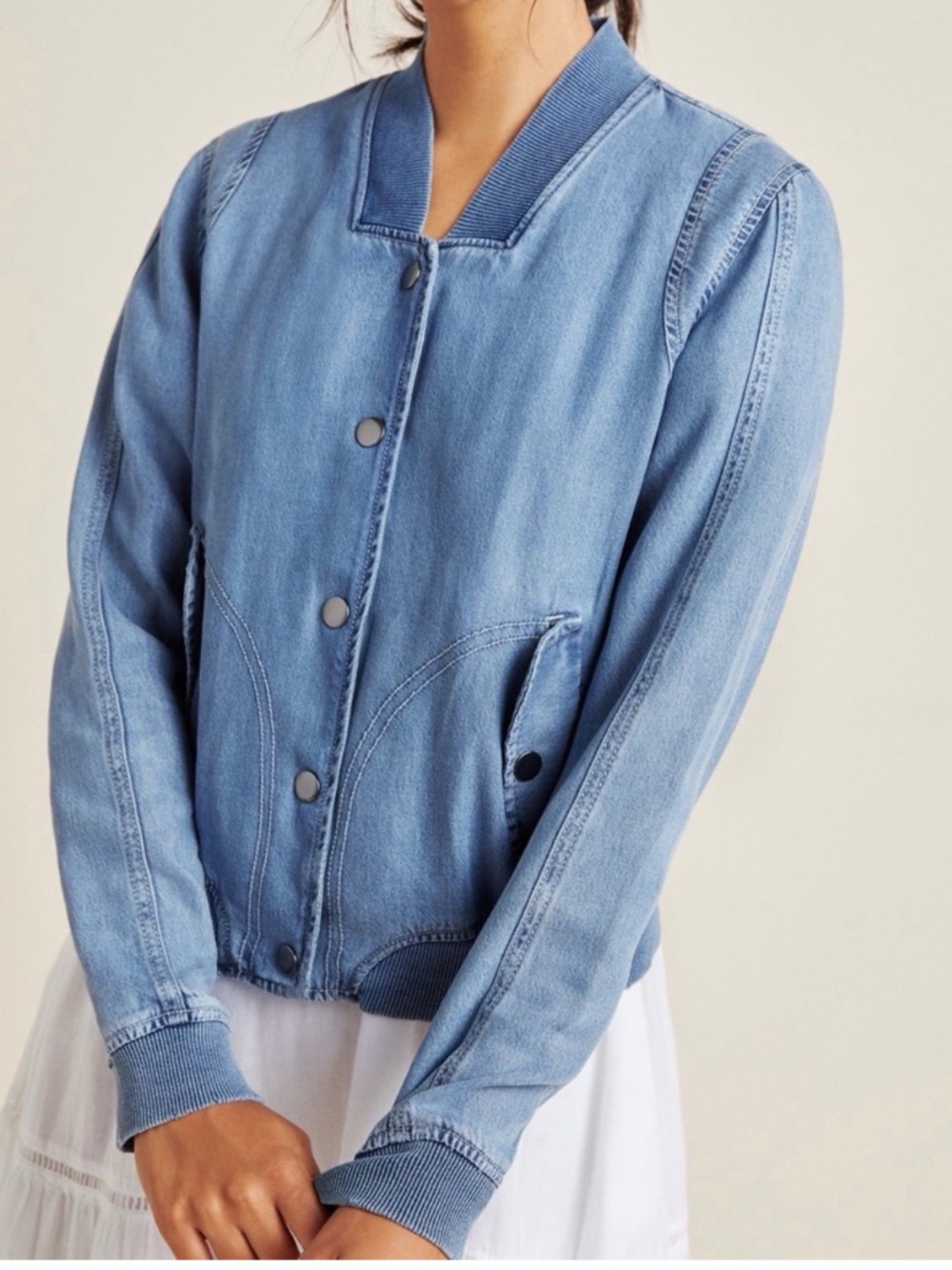 Anthropologie Bomber Jacket Washed Blue Lyocell Waist Length Snap Front Size XS